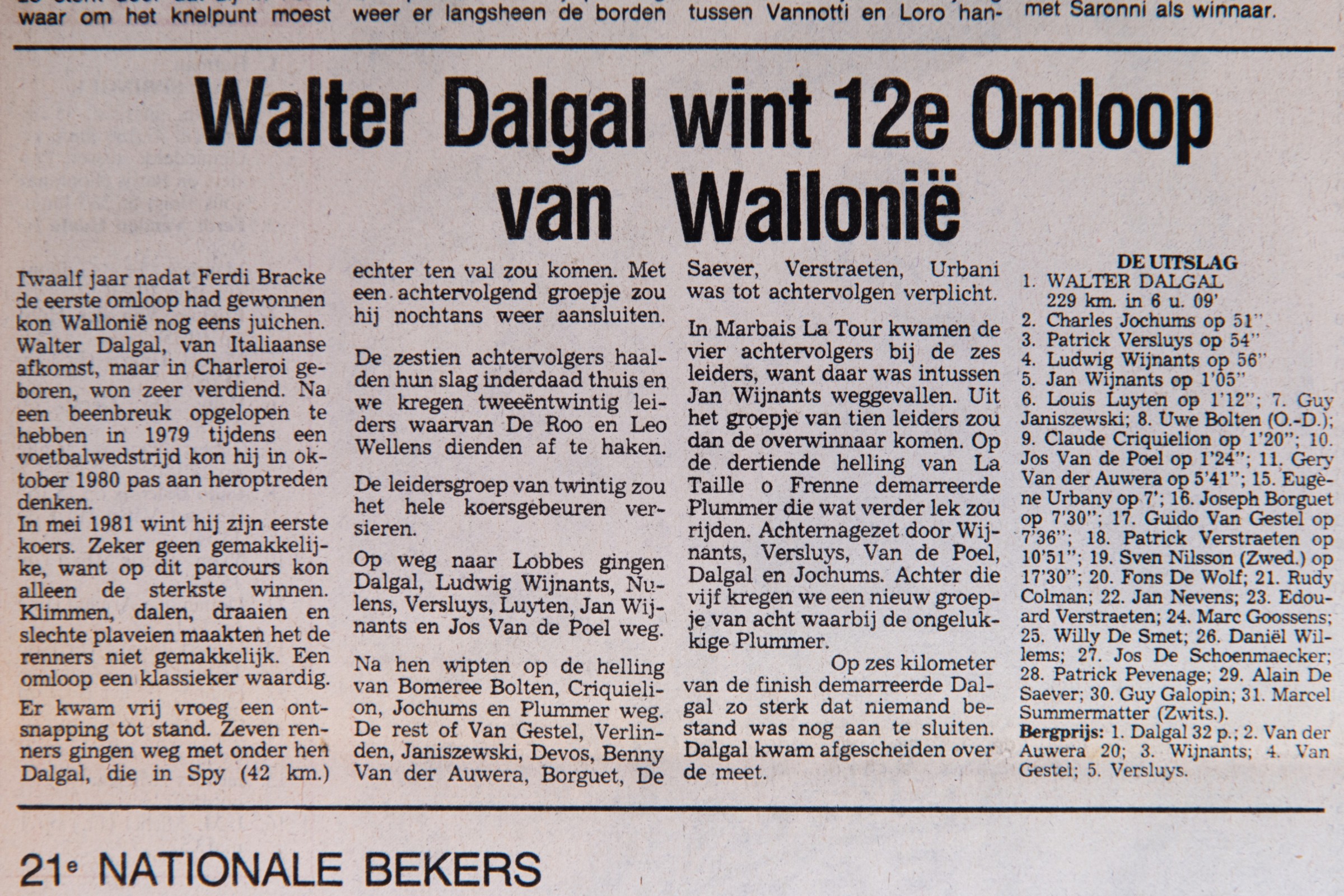 Krantenartikel over de overwinning van Walter Dalgal in de Omloop van Wallonie 1981