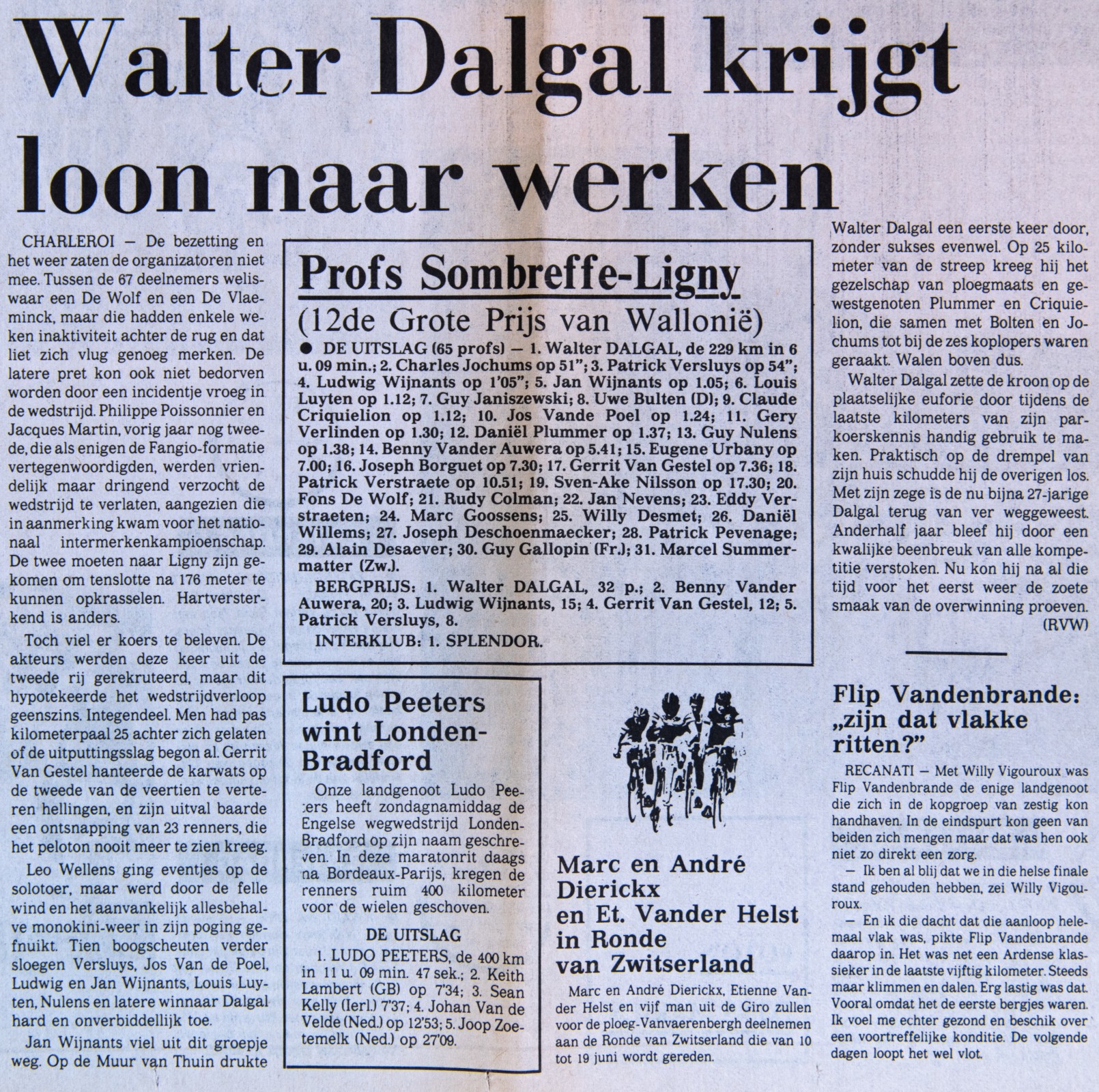 Krantenartikel over de overwinning van Walter Dalgal in de Omloop van Wallonie 1981