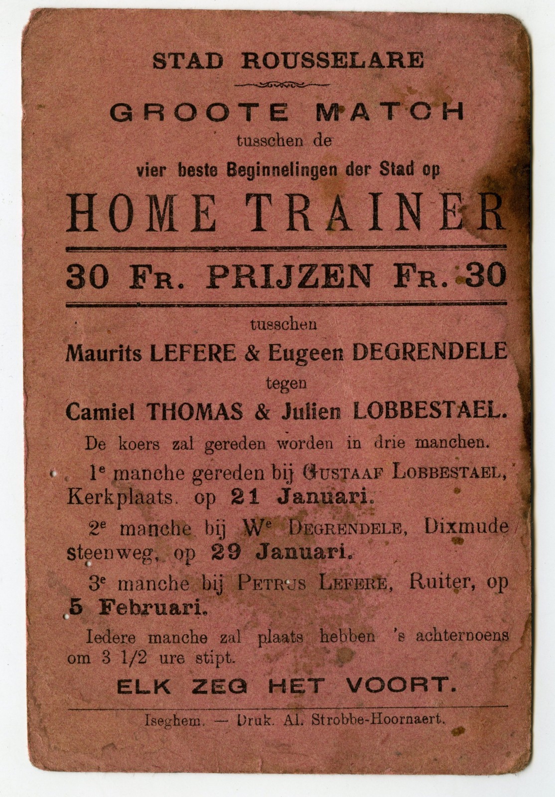 Aankondiging van een wielerwedstrijd op rollen in Roeselare aan het begin van de 20ste eeuw