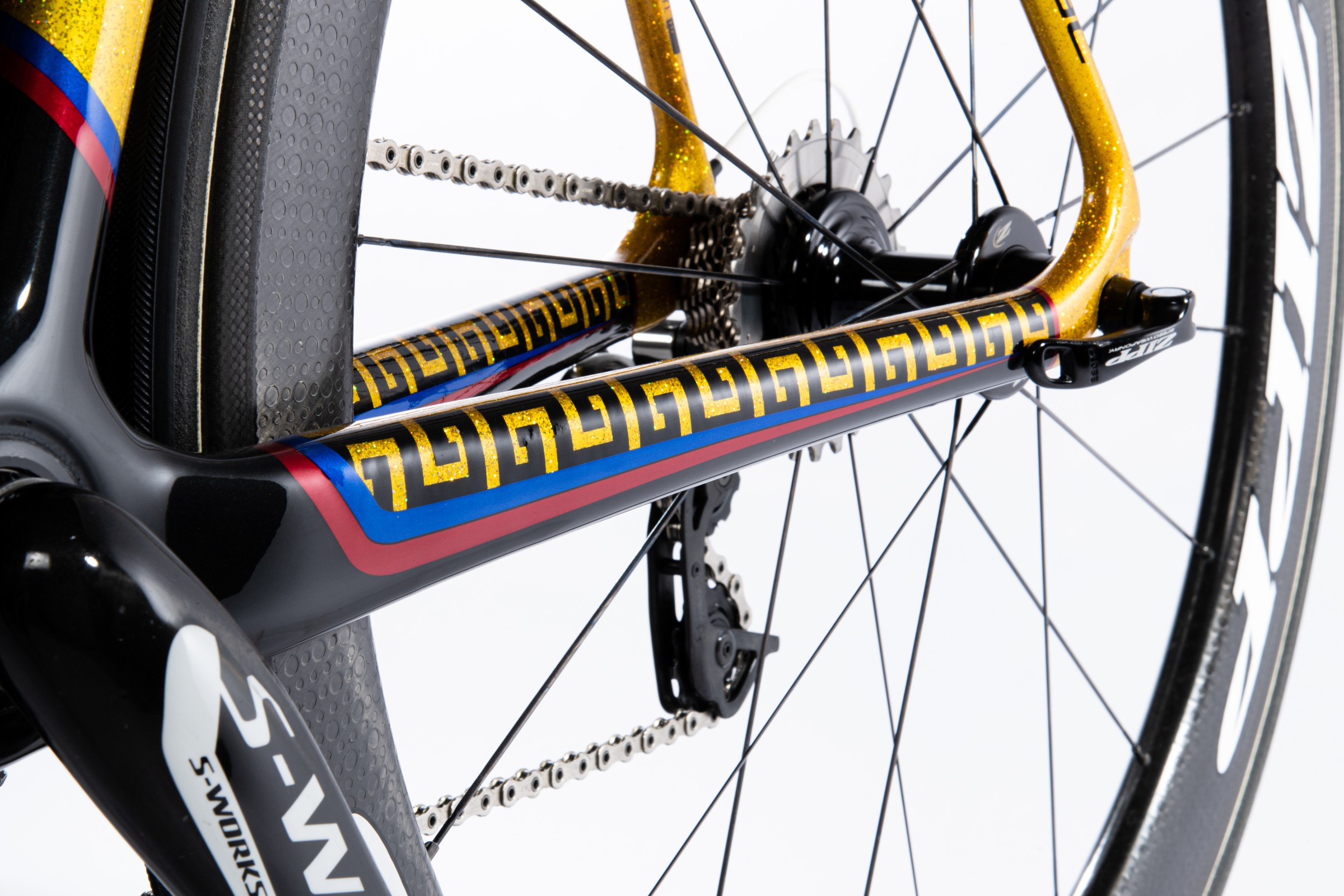 Detailopname achtervork, koersfiets van Rigoberto Urán, Giro 2014