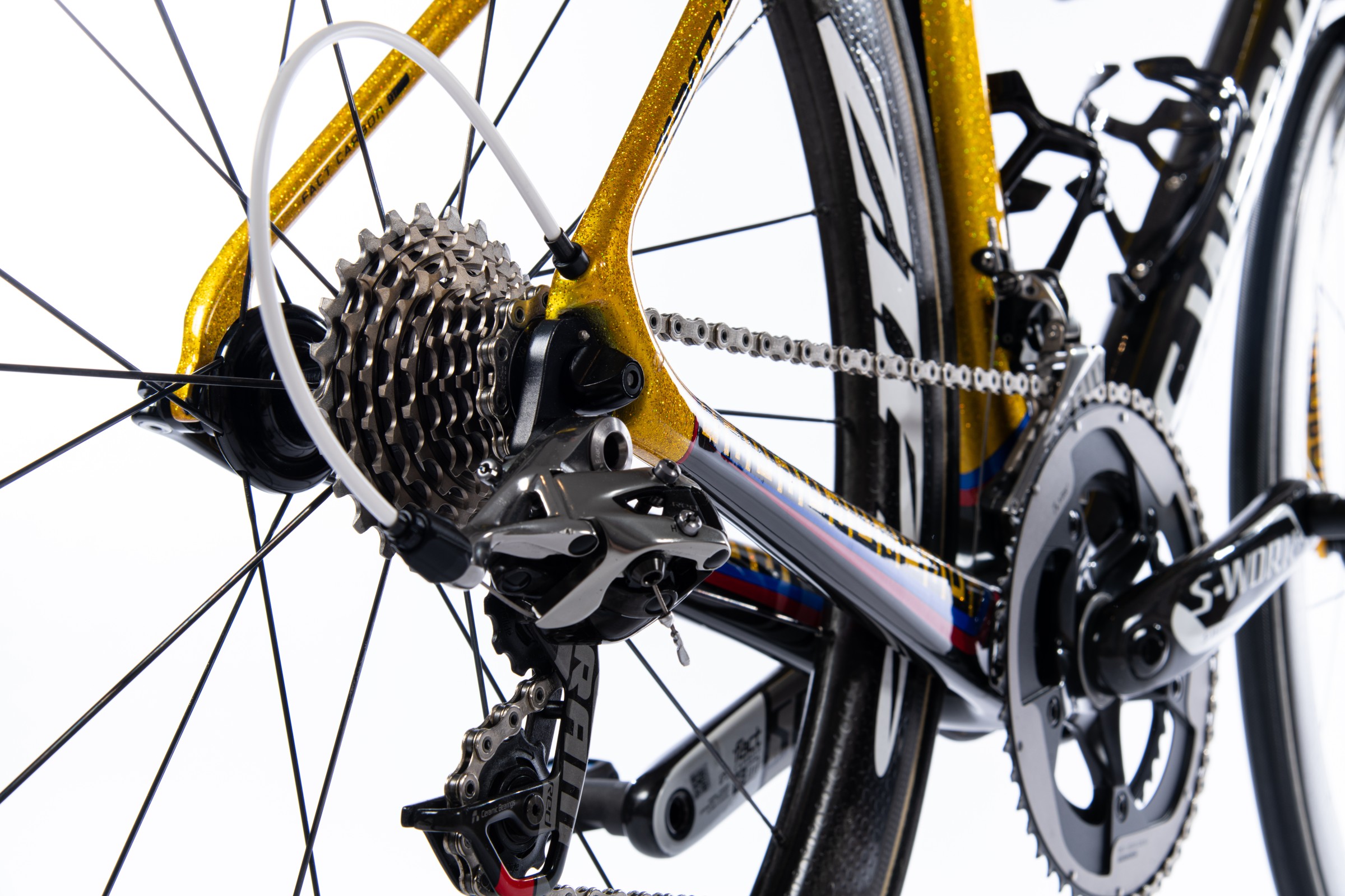 Detailopname derailleur achteraan, koersfiets van Rigoberto Urán, Giro 2014